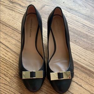 Black leather wedges